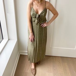 OLIVE + CREAM TIE FRONT RUFFLE MAXI DRESS S/M/L